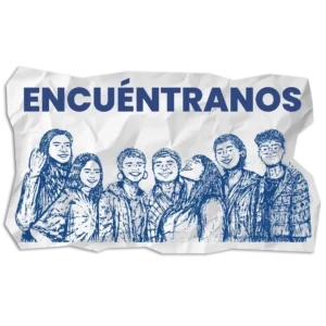 Ir a la sección Encuéntranos: ilustración de siete personas sonriendo en papel arrugado