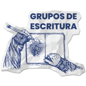 Ir a la sección Grupos de Escritura: ilustración de dos manos dibujando en una hoja arrugada