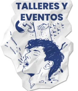 Ir a la sección Talleres y Eventos: rostro expresivo con manos y aves en vuelo